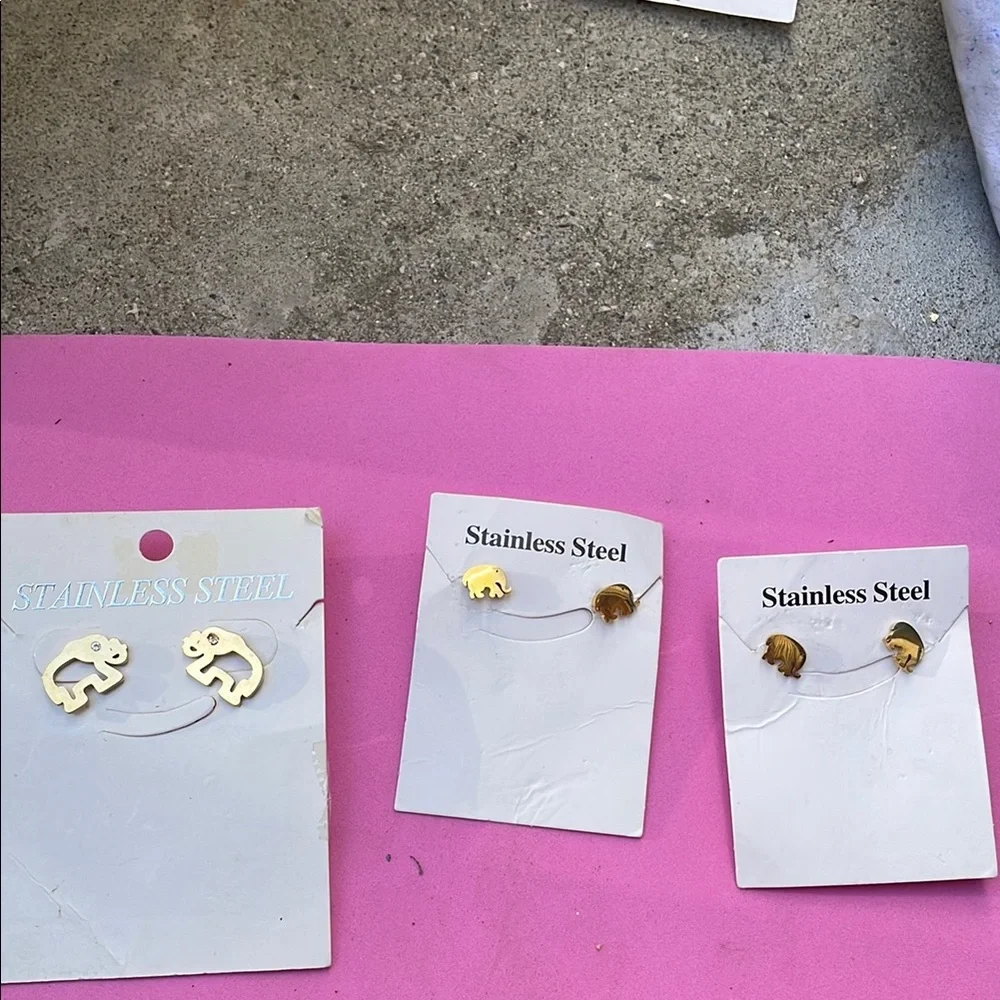 Stainless Steel Gold Set of Elephants Children Earrings NWT
